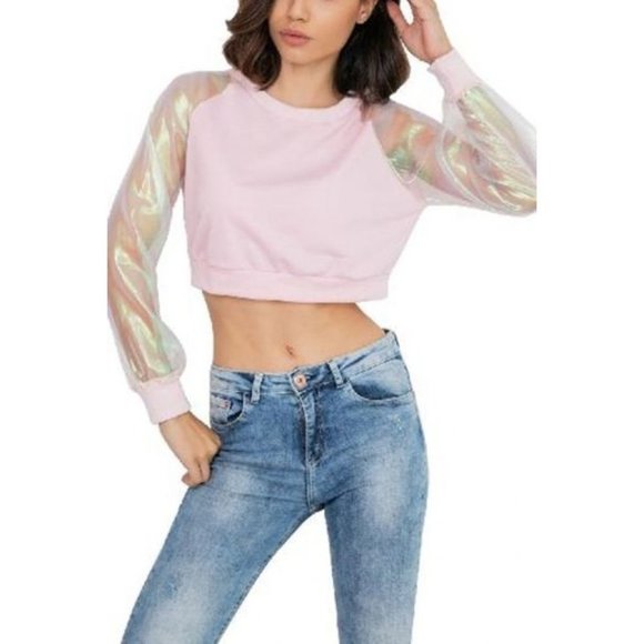 Sheer Mesh Long Sleeve Round Neck Cropped Pullover Sweatshirt (USE: Dance, Compe - Picture 1 of 8